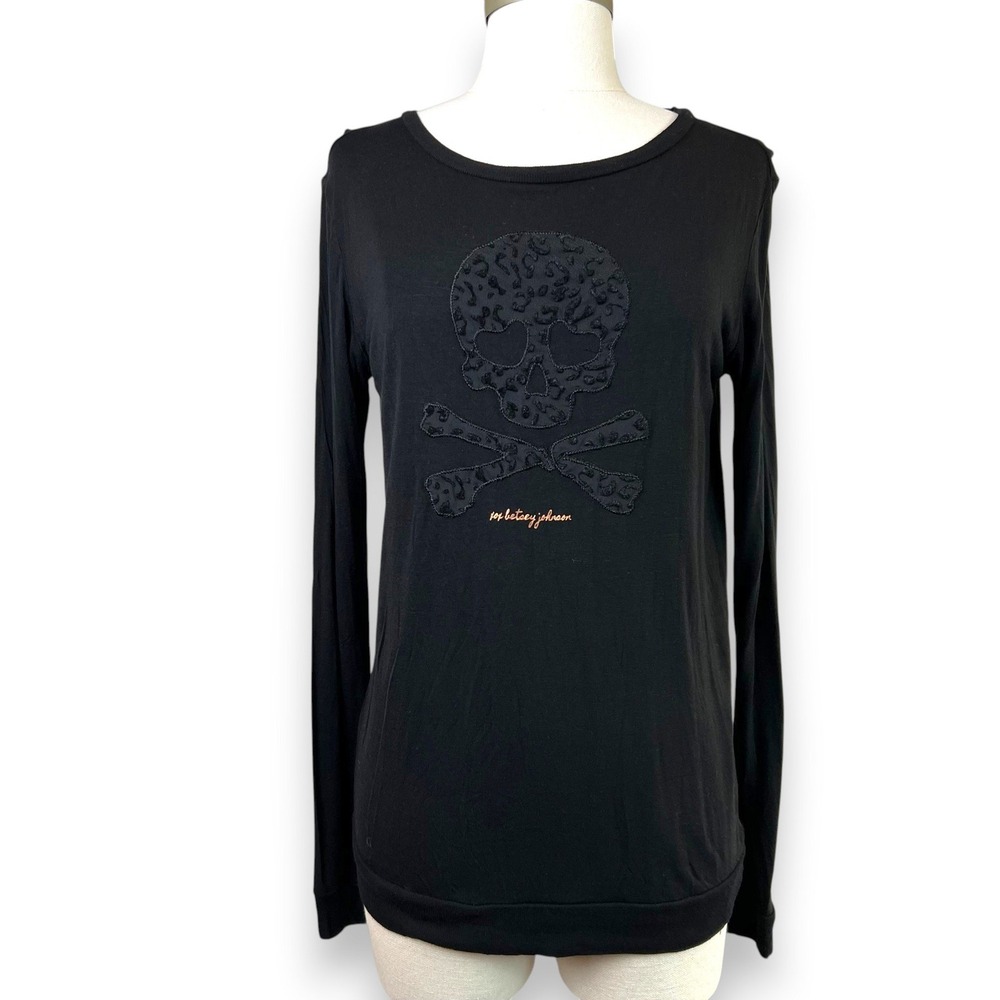 Betsey Johnson Performance Skull Leopard Top Womens Small Black Goth Edgy Punk